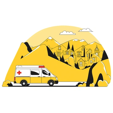 A medical transport van parked on a hillside. The van is primarily white with a distinct red cross symbol on its side. It faces a small town nestled below, with a variety of buildings including houses, shops, and a church. The town is spread out across the valley, with a few trees interspersed among the structures. The grassy hill slopes gently downward, and a clear sky is visible above, providing a broad view of the landscape.