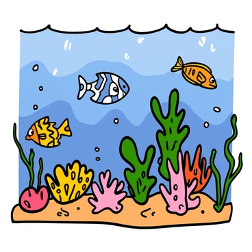 A vibrant underwater scene featuring a variety of colorful fish swimming among coral reefs. The fish include tropical species with bright patterns and hues, such as yellow, blue, and orange. The coral reefs are detailed and diverse, showcasing various shapes and textures. Sunlight filters through the water, creating shimmering patterns on the sandy ocean floor. Small bubbles rise to the surface, adding to the lively atmosphere of the underwater world.