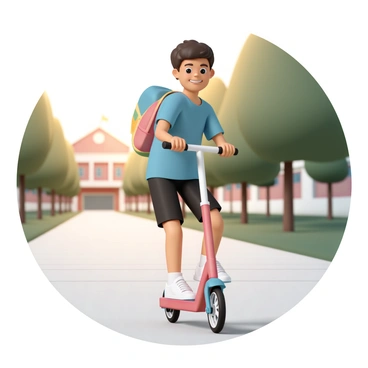 A young student riding a folding scooter to school with a backpack