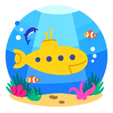A yellow submarine navigating through the deep blue ocean. The submarine is streamlined and has circular windows showing silhouettes of the crew inside. Surrounding the submarine are various sea creatures, including a playful dolphin leaping near the surface, colorful clownfish swimming around vibrant coral reefs, and a curious octopus extending its tentacles towards the submarine. Bubbles rise around the submarine, and shafts of light filter down from above, illuminating the ocean floor with patches of sand and seaweed.