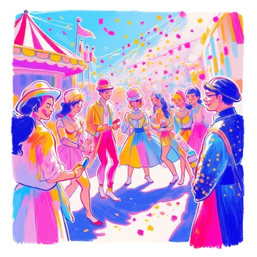 Brightly dressed performers are gathered in a lively carnival setting. Each performer wears colorful costumes adorned with sequins and feathers. One performer is holding a party popper, ready to release a burst of confetti into the air. Others are in motion, dancing and smiling, creating an atmosphere of joy and excitement. The background features a vibrant carnival scene with twinkling lights and festive decorations. The performers' expressions reflect their enthusiasm as the confetti begins to float down around them.