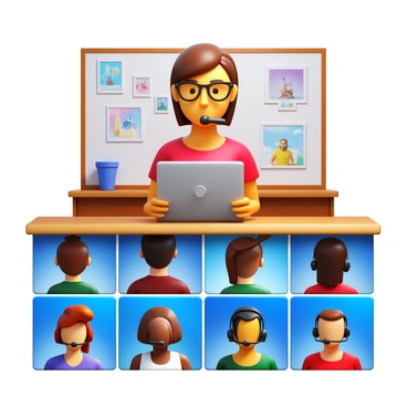 An instructor with short brown hair and glasses is leading a virtual illustration class. The instructor is sitting at a desk with a digital drawing tablet and a microphone. Behind the instructor, a wall is decorated with various art pieces. In the foreground, a grid of students' screens is visible, each displaying different illustrations in progress. The screens show a diverse group of students, some with headsets, focused on their artwork. The lighting in the room highlights the instructor and creates a productive atmosphere.
