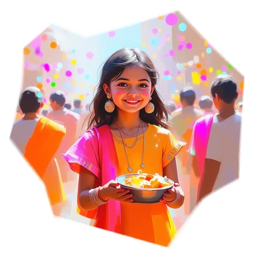 A young girl with dark hair styled in loose waves is wearing brightly colored traditional clothing. She has large, intricate "jhumka" earrings that catch the light and add to her festive appearance. The background is filled with colorful decorations and lights, highlighting the vibrant atmosphere of the festival. She is smiling joyfully as she participates in the celebrations, surrounded by friends in similar festive attire, creating an atmosphere of excitement and happiness.