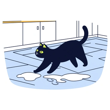 A cat with a sleek black coat and bright green eyes is cautiously approaching a puddle of spilled milk on a tiled kitchen floor. The milk reflects the overhead lights, creating a glossy surface. The kitchen has white cabinets and a wooden countertop in the background. A few footprints can be seen leading towards the milk puddle, indicating the cat's curious journey. The cat's tail is slightly raised, showcasing its inquisitiveness as it moves closer.