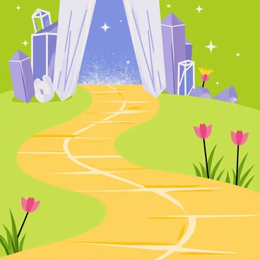 A winding "yellow brick road" stretches into the distance, leading toward a "shimmering crystal cave." The road is composed of shiny, smooth yellow bricks, reflecting light as it curves through a vibrant green landscape. On either side of the road, lush grass and colorful wildflowers frame the pathway. The entrance to the cave is adorned with "large, sparkling crystals" in various shades of blue, purple, and clear, casting a magical glow. The cave's interior hints at more crystals jutting out, creating a dazzling display as light dances off their surfaces.