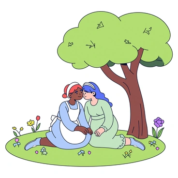 Two handmaids are sitting on the grass under a large leafy tree in a secluded corner of the yard. One handmaid is wearing a light blue dress with a white apron, while the other is dressed in a soft green robe with delicate details. They are leaning close to each other, their heads tilted as they share whispered secrets. Sunlight filters through the leaves, casting dappled shadows on the ground around them. The yard is surrounded by a low wooden fence, and various wildflowers dot the area, adding splashes of color to the scene.