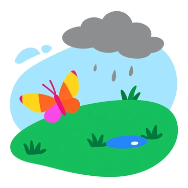 A vibrant butterfly with multicolored wings flutters gracefully through a green field. The grass sways gently in the breeze, creating a lively scene. Dark, ominous clouds gather in the sky above, hinting at an approaching thunderstorm. The butterfly contrasts sharply with the gray clouds, adding a splash of color to the threatening atmosphere. Raindrops begin to fall, creating small splashes in the nearby puddles, while the butterfly continues its flight, seemingly undeterred.