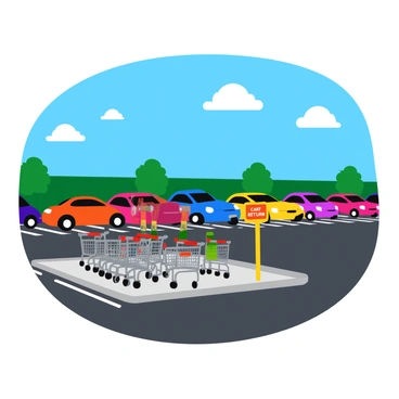 A supermarket parking lot filled with parked cars in various colors. In the foreground, there is a designated shopping cart return area, marked with bright signs that say "Cart Return". The area features several metal shopping carts neatly lined up. A clear blue sky overhead adds vibrancy to the scene, while a few fluffy white clouds float by. The asphalt of the parking lot is visible, marked with white parking lines.