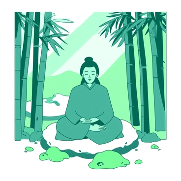 A teal Shugao figure is seated in a meditative pose on a smooth, flat stone in the middle of a bamboo forest. The Shugao has a serene expression, with closed eyes and hands resting peacefully on its knees. Surrounding the figure, tall green bamboo stalks stretch upwards, their leaves rustling gently in the breeze. Sunlight filters through the bamboo, casting soft shadows on the forest floor, where small patches of vibrant green moss are visible. In the background, a slight mist adds a sense of calmness to the scene, enhancing the tranquil atmosphere.