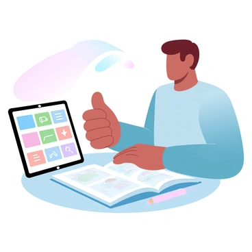 A client with short hair is sitting at a table, looking at a tablet displaying colorful concept sketches. The client is giving a thumbs up with one hand, while the other hand rests on the table. An open sketchbook lies next to the tablet, filled with various illustrations. The background has soft, gradient pastel colors that create a calm atmosphere.