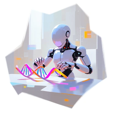 A cybernetic entity representing DNA polymerase is depicted in a futuristic environment. The entity has a sleek, metallic surface with intricate circuits visible beneath a translucent layer. Its limbs are elongated and dexterous, equipped with tools for manipulation. In front of the entity, strands of DNA code are vividly portrayed, glowing with vibrant colors. The DNA strands twist and curl as the entity interacts with them, showcasing a dynamic process of replication. Surrounding the scene, abstract digital patterns enhance the advanced technological atmosphere. The background includes faint silhouettes of laboratory equipment, emphasizing the scientific context of the artwork.