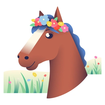 A horse head with a shiny coat stands prominently in the foreground. Its deep brown eyes are gentle and expressive. A vibrant flower crown made up of red, yellow, and blue blooms rests on its brow, adding a lively touch. In the background, a sunny meadow stretches out, dotted with tall green grass and clusters of wildflowers swaying slightly in the breeze. The bright sunlight casts soft shadows on the horse's face, highlighting its features beautifully.