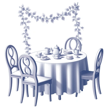 A tea party setting arranged in a garden. A round table is covered with a white lace tablecloth. Delicate teacups and a teapot are placed on the table, surrounded by an assortment of pastries and finger sandwiches. Ivy vines are draped gracefully over the edges of the table and woven around the chairs, adding a lush, natural element to the scene. There are mismatched chairs, each with unique designs, surrounding the table. Sunlight filters through the leaves above, casting playful shadows on the tablecloth.