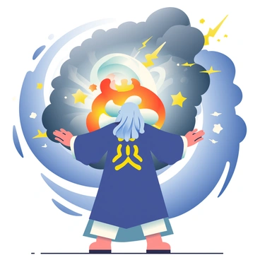 A mage with long, flowing silver hair is standing with outstretched arms, channeling energy as a powerful elemental creature begins to emerge from a swirling vortex. The mage is wearing a deep blue robe adorned with golden symbols, and there are glowing runes floating around him. The elemental creature, made of fire and water, shifts and twists, its form partially obscured by the swirling winds. The vortex is composed of dark storm clouds, with flashes of lightning illuminating the scene. Wisps of energy spiral around the mage, creating a dynamic sense of movement and power.