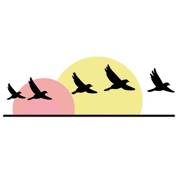 A group of birds in various flying poses, silhouetted against a sunset sky. The background features soft hues of orange, red, and yellow, representing autumn colors. The birds are depicted in a V-formation, with their wings spread wide. The scene captures the movement of migration as they head south.