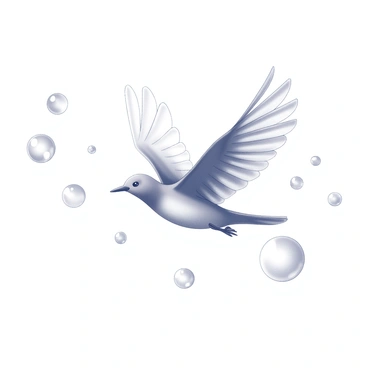 Jo bird flying through a sky filled with translucent bubbles