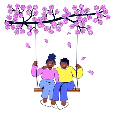 Two friends sitting on a swing set, sharing secrets under a blooming cherry blossom tree.