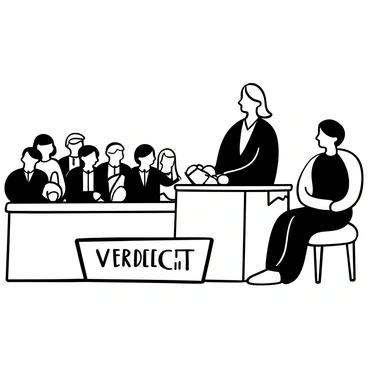 A courtroom setting with wooden benches and a raised judge's bench. A judge is seated, holding a gavel, preparing to read out the verdict. Several people are present, including a group of lawyers in formal attire, a tense audience filled with various expressions of anticipation and anxiety, and a defendant seated at a table with legal documents before them. The judge's robe billows slightly as they gesture while speaking. A large "VERDICT" sign is prominently displayed in front of the judge. The atmosphere is charged with intensity and focus.