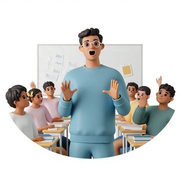 A student, wearing a blue sweater and glasses, stands at the front of a classroom. They are animatedly speaking while gesturing with their hands, encouraging classmates to share their thoughts. The classroom is filled with desks, and students can be seen attentively listening and raising their hands. Some classmates are taking notes while others are looking engaged, ready to contribute to the discussion. A whiteboard in the background has notes and diagrams written on it, adding to the academic atmosphere of the scene.