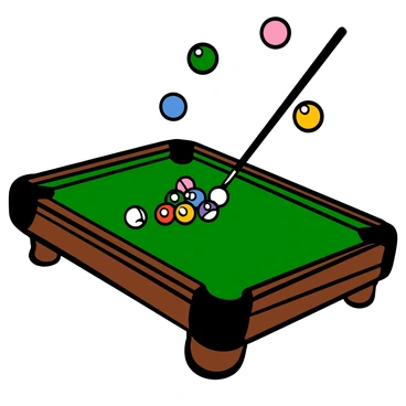 A close-up of a white cue ball in mid-motion striking a triangle formation of colorful billiard balls. The cue ball is gleaming as it makes contact, sending the balls scattering in various directions. The billiard table is a rich green felt, with the edges framed in polished wood. The background includes a hint of a dimly lit room, enhancing the focus on the action of the break. The scene conveys a sense of excitement and intensity as the game unfolds.