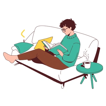 A person with short brown hair is sitting cross-legged on a soft white couch. The person is wearing a cozy teal sweater and has reading glasses perched on their nose. They are holding an open book, deeply engrossed in the story. The couch is adorned with a few colorful cushions, and a small teal side table next to the couch holds a steaming white mug. A warm light from a nearby lamp casts a gentle glow over the scene.