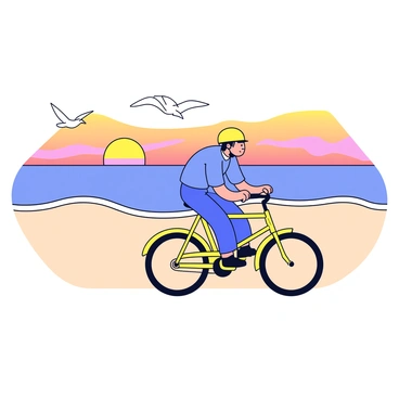 A cyclist on a bicycle rides along a sandy beach. The cyclist is wearing a bright yellow helmet and a blue jersey. In the background, the sun is setting on the horizon, casting warm orange and pink hues across the sky. Gentle waves are lapping against the shore, and a few seagulls are flying above. The beach is mostly empty, creating a sense of tranquility.