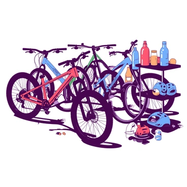 A section filled with various mountain bikes featuring rugged tires and specialized gear displayed prominently. The mountain bikes are lined up, showcasing their sturdy frames and aggressive tires designed for off-road terrain. Each bike has a unique color scheme, with some featuring bright hues and others in more muted tones. Nearby, there's an array of helmets, gloves, and water bottles, neatly organized for easy browsing. The gear is arranged in a way that invites customers to explore and interact with the products. The overall composition highlights the adventurous spirit associated with mountain biking.