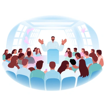 A diverse group of people is seated in a community center. There are individuals of various ethnicities, genders, and ages, all attentively facing the front. Some are wearing traditional attire, while others are in casual clothing. The interior of the community center has large windows allowing soft light to filter in, illuminating the scene. In the front, a speaker is standing behind a podium, gesturing expressively. Surrounding the speaker, there are banners and decorations that reflect different cultures. An atmosphere of connection and engagement permeates the gathering.