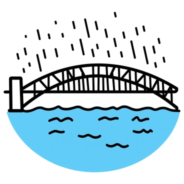 A view of the Sydney Harbour Bridge under heavy rainfall. The bridge's steel structure is prominent against the darkened sky. Raindrops are visibly hitting the water below, creating ripples and disturbance on the surface. The scene captures the intensity of the rain as it flows, with droplets splashing upon the waves, adding a sense of movement to the image.
