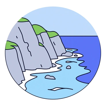 A rugged coastline with steep cliffs that rise sharply from the sea. The cliffs are adorned with patches of green vegetation and scattered rocks. Below, turquoise waters crash against the rocky shore, creating white foamy waves. In the distance, the horizon meets the clear blue sky, enhancing the vibrant colors of the scene.