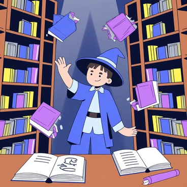 A young wizard with a pointed hat stands in the center of a magical library filled with tall, wooden bookshelves. Surrounding the wizard are several books floating in the air, their covers decorated with intricate designs. The wizard has a determined expression on his face as he reaches out to one of the flying books. The library is dimly lit, with soft beams of light highlighting the dust motes in the air. Scrolls and quills are scattered on a nearby wooden table. "Magical Library" is written in elegant script on the spine of one of the open books.