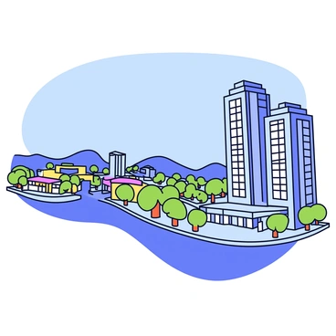 A panoramic view of a wide landscape that captures a cityscape in the foreground. The cityscape includes several tall buildings with glass facades reflecting sunlight. There is a busy street lined with trees and small shops. In the background, rolling hills can be seen under a clear blue sky. One-eighth of the image is dedicated to a closer, detailed view of the tallest skyscraper, showcasing its architectural features and windows.