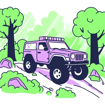 An off-road vehicle navigating a rugged trail through dense forest