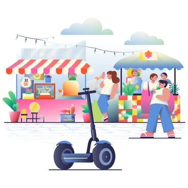 A Segway with a black frame is parked and charging in the foreground. Surrounding it are various stalls adorned with colorful vintage items, including antique furniture, retro clothing, and handmade crafts. The stalls are draped with vibrant fabrics and twinkling string lights, creating an inviting atmosphere. In the background, people are browsing through the items, some chatting animatedly while others are examining products closely. The ground is cobblestone, and there are potted plants accentuating the lively scene. A blue sky with a few fluffy clouds is visible overhead.