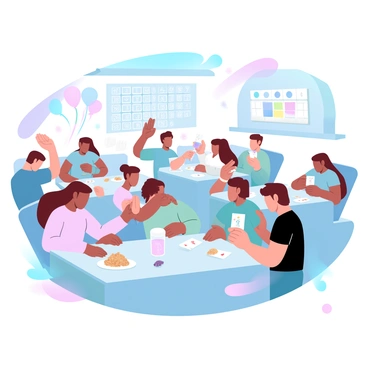 A community center room is filled with groups of people engaged in playing loto. Several tables are set up, each with players concentrated on their cards. Some players are marking their cards with colorful markers while others are holding up their cards in anticipation. A cheerful atmosphere is enhanced by decorations like balloons and streamers hanging from the ceiling. In the background, a large board displays the winning numbers in bright colors. A refreshment table is visible, adorned with snacks and drinks, inviting participants to take a break between rounds.