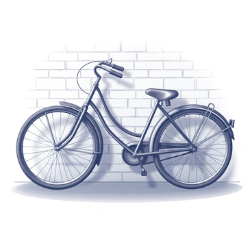 An old-fashioned bicycle, with a large front wheel and a smaller rear wheel, is leaning against a textured wall. The bicycle features ornate details, such as a decorative frame and vintage handlebars. The wall has visible bricks and mortar, creating a rugged backdrop. Light casts gentle shadows from the bicycle onto the wall, enhancing the three-dimensional appearance of the scene. The overall composition captures the essence of nostalgia and simplicity in design.