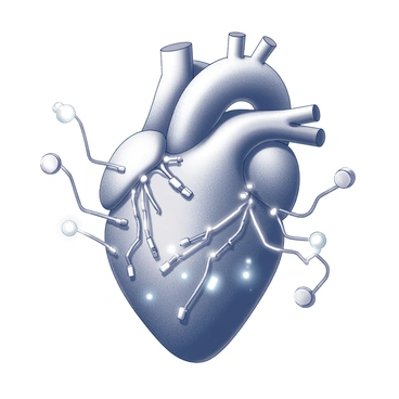 A human heart with intricate, detailed electronic circuits woven seamlessly into its structure. The heart appears anatomically accurate but is enhanced with various components such as microchips, wires, and glowing elements. The circuits branch out from the heart, highlighting the connection between life and technology. The overall composition showcases the heart as the focal point, with additional circuit elements radiating around it, creating a sense of synergy between organic and technological elements.