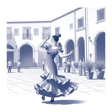 A flamenco dancer in a vibrant dress with numerous ruffles is captured mid-performance. The dancer has her arms raised gracefully, showcasing intricate movements. The plaza is surrounded by charming Spanish architecture, featuring wrought iron details and decorative tiles. People are gathered around, watching the performance with engaged expressions. The cobblestone ground adds texture to the scene, and a few potted plants are positioned nearby, contributing to the lively atmosphere.
