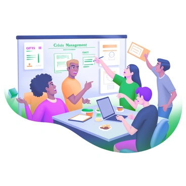 A group of diverse individuals is gathered around a large, rectangular table. They are engaged in a brainstorming session, displaying expressions of focus and determination. Each person has a notepad, pen, or laptop in front of them. A whiteboard in the background is filled with notes and diagrams related to crisis management. On the table, there are cups of coffee and snacks to sustain them during the meeting. The atmosphere conveys urgency and collaboration, with some individuals pointing at notes or discussing ideas animatedly.