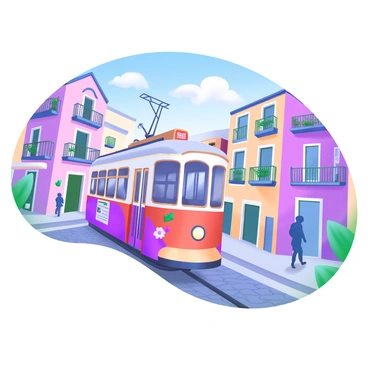 A charming tram with a bright red exterior is traveling through narrow cobblestone streets of an old town. The tram is adorned with floral decorations on its sides. Surrounding the tram are historic buildings with colorful facades and balconies filled with potted plants. A few pedestrians are strolling along the sidewalks, enjoying the atmosphere. The sky above is a soft blue with wispy clouds, completing the picturesque scene.