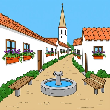 A charming Iberian village features a series of whitewashed houses with terracotta roofs. The houses are adorned with colorful flower pots hanging from the windowsills, filled with vibrant blooming plants. Narrow alleyways wind between the homes, paved with cobblestones and bordered by greenery. A small fountain made of stone sits at the center of a quiet square, surrounded by a few wooden benches. In the background, a tall church steeple rises, adding to the quaint atmosphere of the village. A clear blue sky sets a cheerful tone over the scene.