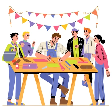 A craftsman sitting at a wooden table, focused on leatherwork at a rodeo fair. The craftsman has short brown hair and is wearing a plaid shirt and denim jeans. In front of him, there are various tools for leather crafting, including a knife, mallet, and stitching awl, along with several pieces of leather in different colors. Behind him, colorful banners and rodeo-themed decorations create a festive atmosphere. People of different ages are gathered around, watching intently as he skillfully demonstrates his techniques. A few completed leather items, such as belts and wallets, are displayed on the table, showcasing his craftsmanship.