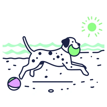 A dalmatian with a white coat and distinct black spots is running across a sandy beach. The dog is in mid-leap, with its ears flapping and its mouth open in excitement. In its mouth, the dalmatian is carrying a bright frisbee. The beach is dotted with small seashells, and gentle waves can be seen in the background, rolling towards the shore. The sun is shining brightly, casting sharp shadows on the sand. Nearby, a beach ball is resting on the sand, adding to the playful atmosphere.