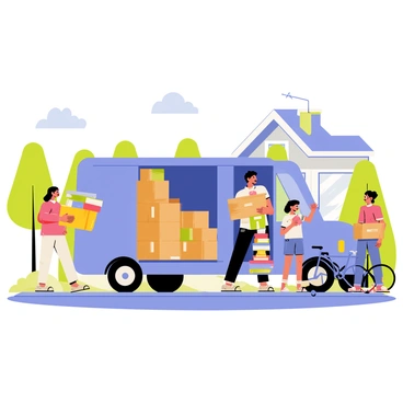 A family of four with a mother, father, and two children is packing their belongings into a large blue moving van. The van has an open back filled with cardboard boxes, some labeled with the names of the contents. The mother is lifting a bright yellow box, while the father is stacking a pile of colorful books. One child is holding a plush toy, and the other is placing a bicycle next to the van. The background shows a suburban house with a "For Sale" sign in the yard and lush green trees lining the street. The sky is clear with a few fluffy clouds.