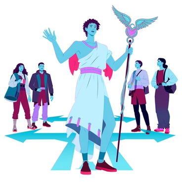 Hermes, the Greek god, is depicted standing confidently at a bustling crossroads. He has a youthful appearance with short, tousled brown hair and wears a flowing robe that billows slightly in the wind. In his right hand, he holds a caduceus staff, intricately designed with intertwined snakes and topped with wings. His left hand gestures invitingly towards the different paths that branch out in various directions. The surroundings are lively, with travelers of diverse backgrounds and appearances approaching from all sides, each looking to Hermes for guidance. The sky is bright and clear, illuminating the scene with warm sunlight.