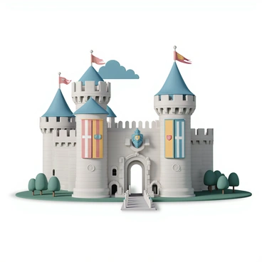 A grand fortress stands tall, showcasing impressive stone walls with intricate carvings. The fortress features tall towers with pointed roofs, and arched windows that reflect sunlight. Various colorful banners, each displaying unique coat of arms, hang from the walls and flutter gently in the breeze. A wide drawbridge leads to the entrance, flanked by stone statues of knights. Surrounding the fortress, there is a lush green landscape with trees and a clear blue sky above.