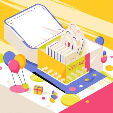 A decorative box with intricate patterns and vibrant colors sits open, revealing an assortment of neatly stacked raffle tickets inside. The box is placed on a vibrant table that features multicolored tablecloth and cheerful decorations. Surrounding the box are small trinkets and colorful balloons that add to the festive atmosphere of the fair. Bright sunlight casts playful shadows on the table, enhancing the joyful scene.