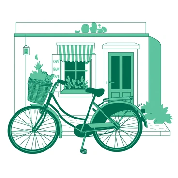 A vintage bicycle painted in emerald green is parked next to a small white café. The bicycle features a classic design, with a curved frame and a wicker basket attached to the front. In the background, the quaint café has a charming facade with white shutters and a small sign hanging above the door. There are a few potted plants on the café's window sills, adding a touch of greenery. The scene is set on a cobblestone street, enhancing the vintage atmosphere of the setting.