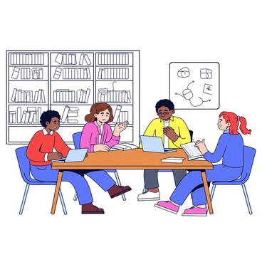 A group of four students sitting around a wooden table in a library room. Each student is engaged in discussion, with books and notebooks spread out in front of them. One student has short black hair and is wearing glasses, while another has long brown hair tied in a ponytail. The third student has curly red hair and is gesturing with their hands, while the fourth student is taking notes on a laptop. The room is filled with tall bookshelves filled with books, and there are large windows letting in natural light. A whiteboard is visible in the background with notes written on it.