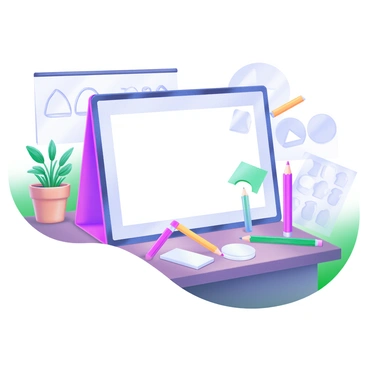 A 1/8 illustration board placed on a wooden table. Surrounding the board are various stencils in different shapes and sizes, neatly arranged. Several colored pencils and graphite pencils are scattered around the board, showcasing a range of colors. The workspace includes a small potted plant in the corner and sheets of paper with sketches, adding to the creative atmosphere.